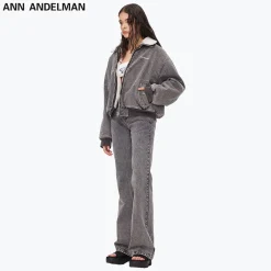 Ann Andelman Logo Embroidery Fleeced Denim Jacket Grey
