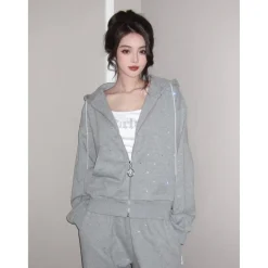 Ann Andelman Rhinestone Stars Zip Up Hoodie Grey