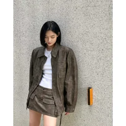 Ann Andelman Vintage Distressed Leather Jacket Dark Brown