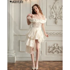 Arte Pura Floral Bandeau Off-Shoulder Gauze Dress Beige
