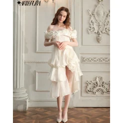 Arte Pura Floral Bandeau Off-Shoulder Gauze Dress Beige