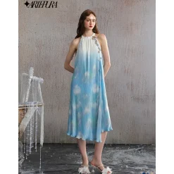 Arte Pura Halter Neck Gradient Sequin Pleated Maxi Dress Blue