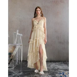 Arte Pura Lace Halterneck Long Dress Beige