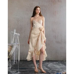 Arte Pura Satin Floral Long Dress Beige