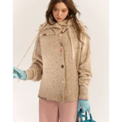 AsGony Blended Woolen Color Button Knit Cardigan