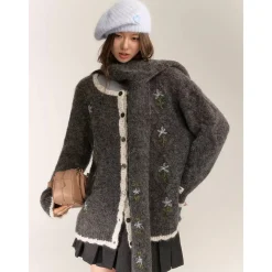 AsGony Blended Woolen Contrast Color Hand Crochet Cardigan