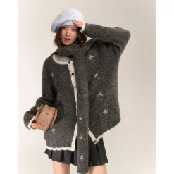 AsGony Blended Woolen Contrast Color Hand Crochet Cardigan