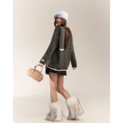 AsGony Blended Woolen Contrast Color Hand Crochet Cardigan