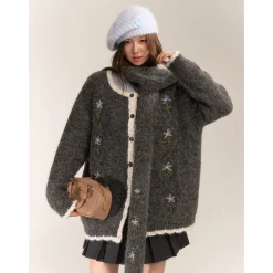 AsGony Blended Woolen Contrast Color Hand Crochet Cardigan