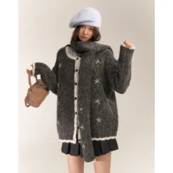 AsGony Blended Woolen Contrast Color Hand Crochet Cardigan