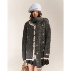 AsGony Blended Woolen Contrast Color Hand Crochet Cardigan
