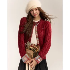 AsGony Blended Woolen Plaid Patchwork Knit Cardigan Red