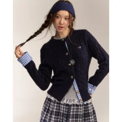 AsGony Blended Woolen Plaid Patchwork Knit Cardigan Navy Blue