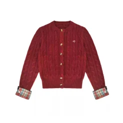 AsGony Blended Woolen Plaid Patchwork Knit Cardigan Red