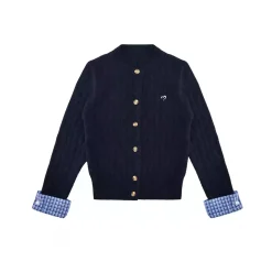 AsGony Blended Woolen Plaid Patchwork Knit Cardigan Navy Blue