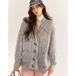 AsGony Blended Woolen Twist Lapel Knit Cardigan Gray