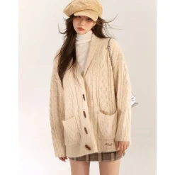 AsGony Blended Woolen Twist Lapel Knit Cardigan Khaki