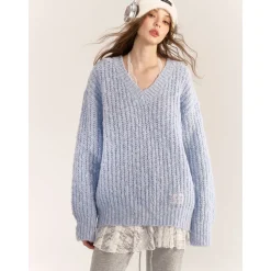 AsGony Blended Woolen V-Neck Knit Sweater Blue