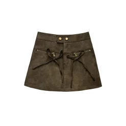 AsGony Bow Lace Up High Waist Leather Skirt