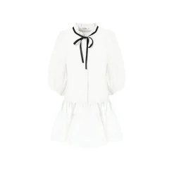 AsGony Bow Lace Up Pleated Waisting Shirt Dress White