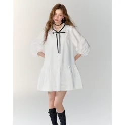 AsGony Bow Lace Up Pleated Waisting Shirt Dress White