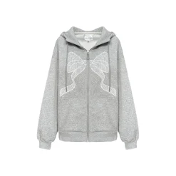 AsGony Bow Patch Zip Up Hoodie Grey