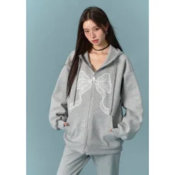 AsGony Bow Patch Zip Up Hoodie Grey