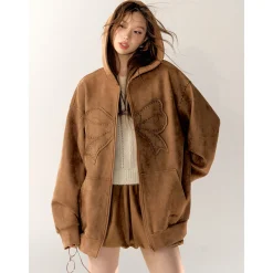 AsGony Bow Suede Lapel Casual Jacket Brown