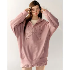 AsGony Bow Suede Lapel Casual Jacket Pink