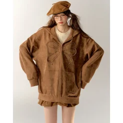 AsGony Bow Suede Lapel Casual Jacket Brown