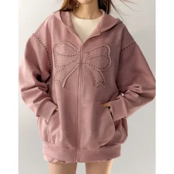 AsGony Bow Suede Lapel Casual Jacket Pink