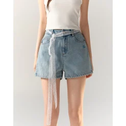 AsGony Bow Tie Embroidered Denim Shorts