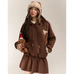 AsGony Bow Tie Hooded Waisting Sweat Dress Brown