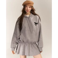 AsGony Bow Tie Hooded Waisting Sweat Dress Gray