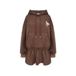 AsGony Bow Tie Hooded Waisting Sweat Dress Brown