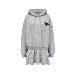 AsGony Bow Tie Hooded Waisting Sweat Dress Gray