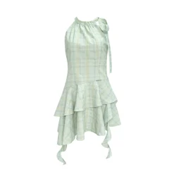 AsGony Bow Tie Ribbon Ruffled Plaid Halter Dress Green