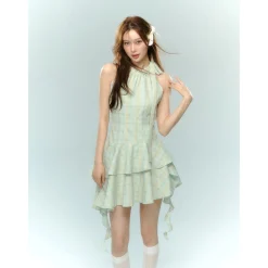 AsGony Bow Tie Ribbon Ruffled Plaid Halter Dress Green
