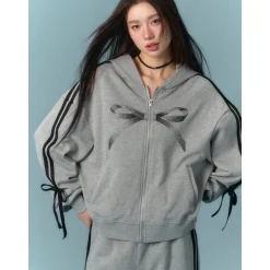 AsGony Bow-Knot Casual Zipper Jacket