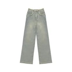 AsGony Casual Brushed Oversized Denim Pants Blue