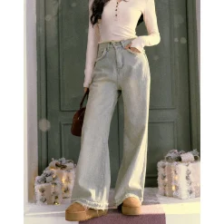 AsGony Casual Brushed Oversized Denim Pants Blue