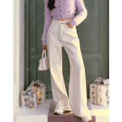 AsGony Casual Brushed Oversized Denim Pants White