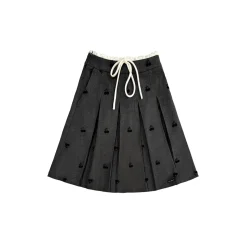 AsGony Color Blocked Cherry Drawstring Pleated Skirt