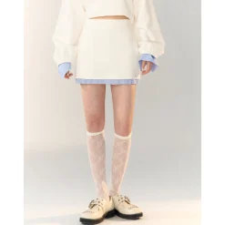 AsGony Contrast Color Fake-2-Piece Casual Skirt White
