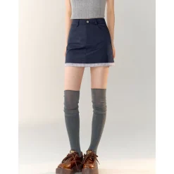 AsGony Contrast Color Plaid Skirt Navy Blue