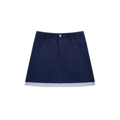 AsGony Contrast Color Plaid Skirt Navy Blue