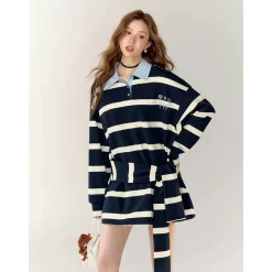 AsGony Contrast Color Rose Embroidery Striped Polo Dress