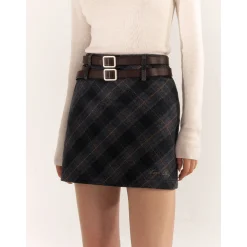 AsGony Double Waist Plaid Skirt Gray