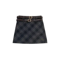 AsGony Double Waist Plaid Skirt Gray