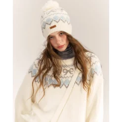 AsGony Fair Isle Hairball Beanie White